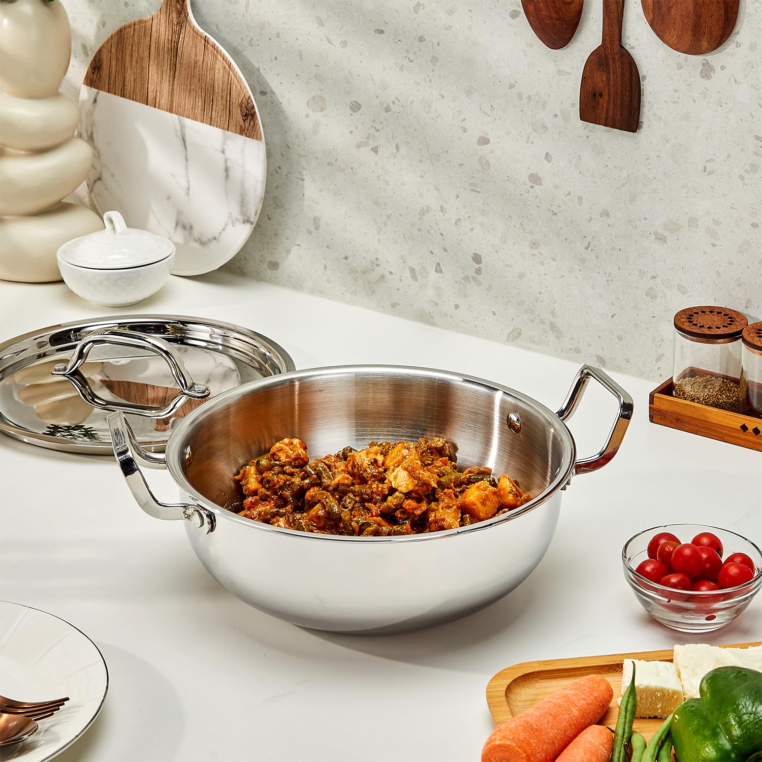Triply Stainless Steel Kadhai with Lid,Kadai for Cooking, Stainless Steel Cookware Triply Kadai, Induction & Gas Stove Compatible - Image 4