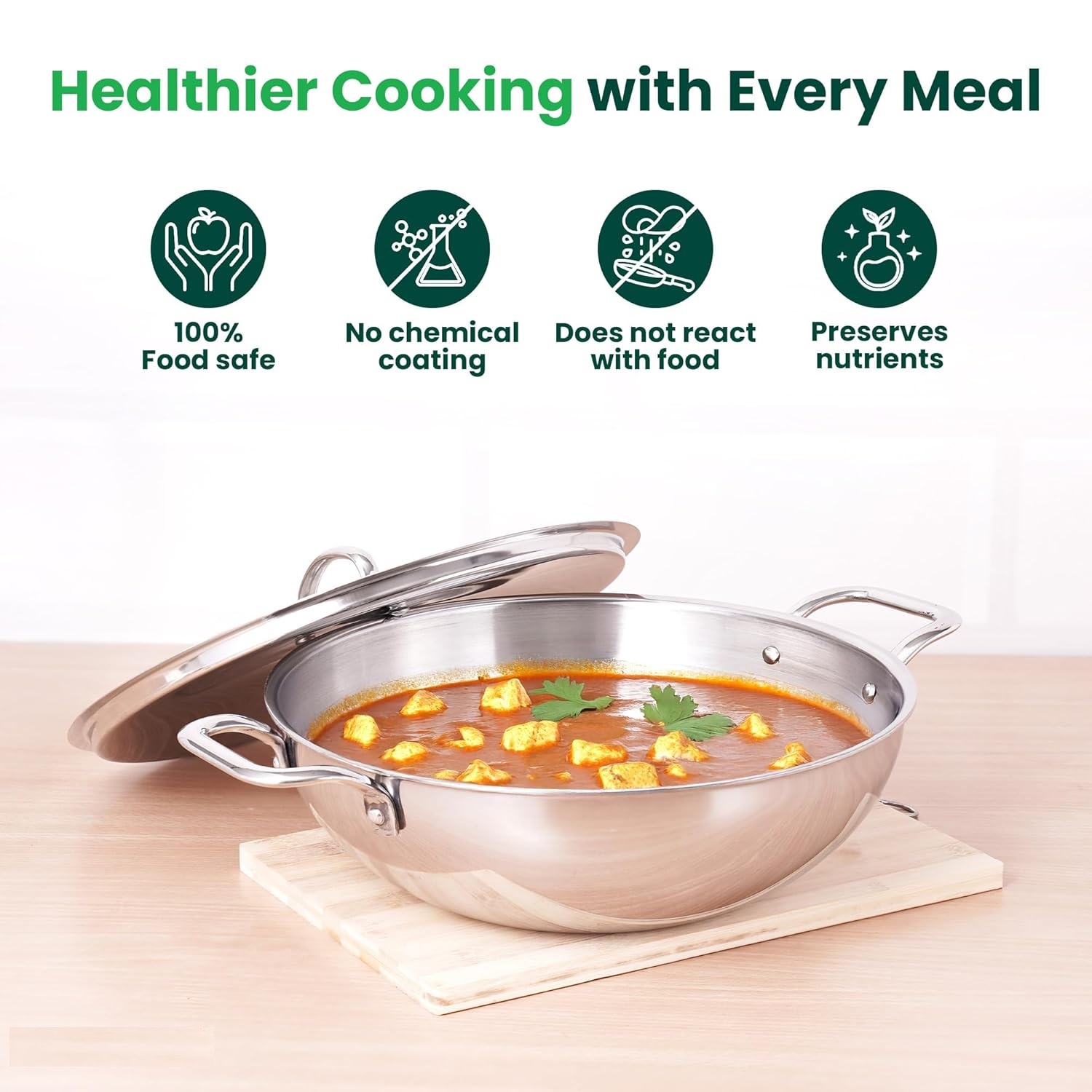 Triply Stainless Steel Kadhai with Lid,Kadai for Cooking, Stainless Steel Cookware Triply Kadai, Induction & Gas Stove Compatible - Image 5