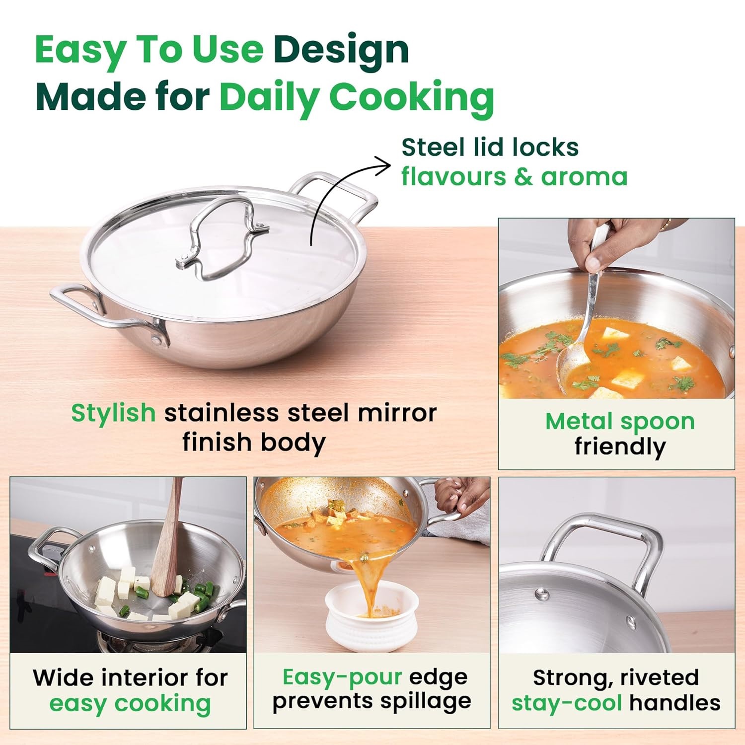 Triply Stainless Steel Kadhai with Lid,Kadai for Cooking, Stainless Steel Cookware Triply Kadai, Induction & Gas Stove Compatible - Image 9